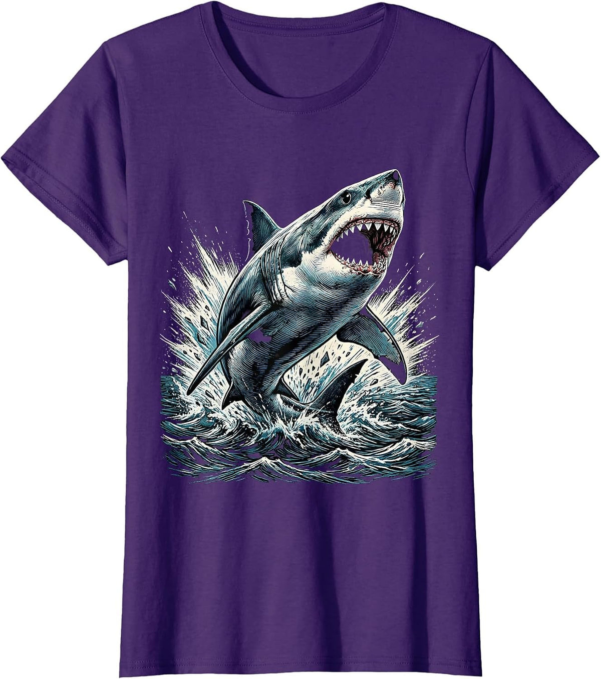 Women's Boys Shark Bursting Through Ocean Surface T-Shirt - Purple