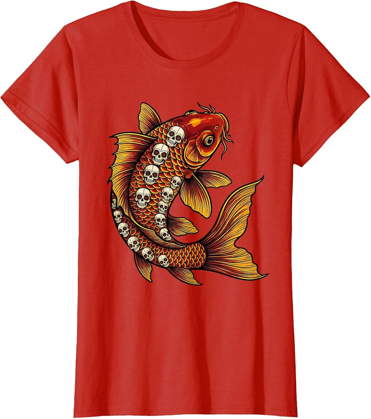 Dia de los Muertos Sugar Skull Koi Fish Art T-Shirt - Red