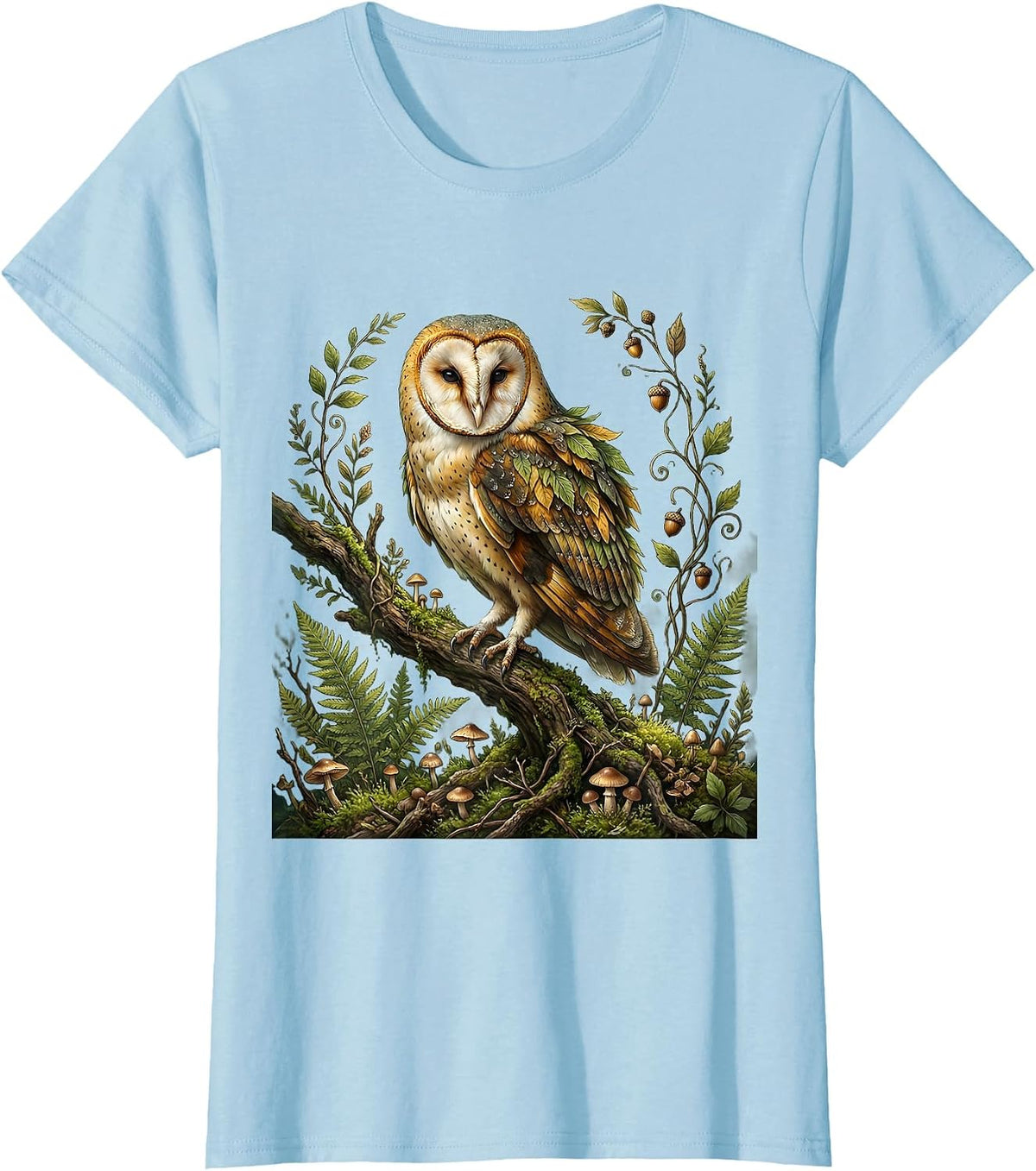 Woodland Camo Owl Perched on Branch Design T-Shirt - Baby Blue