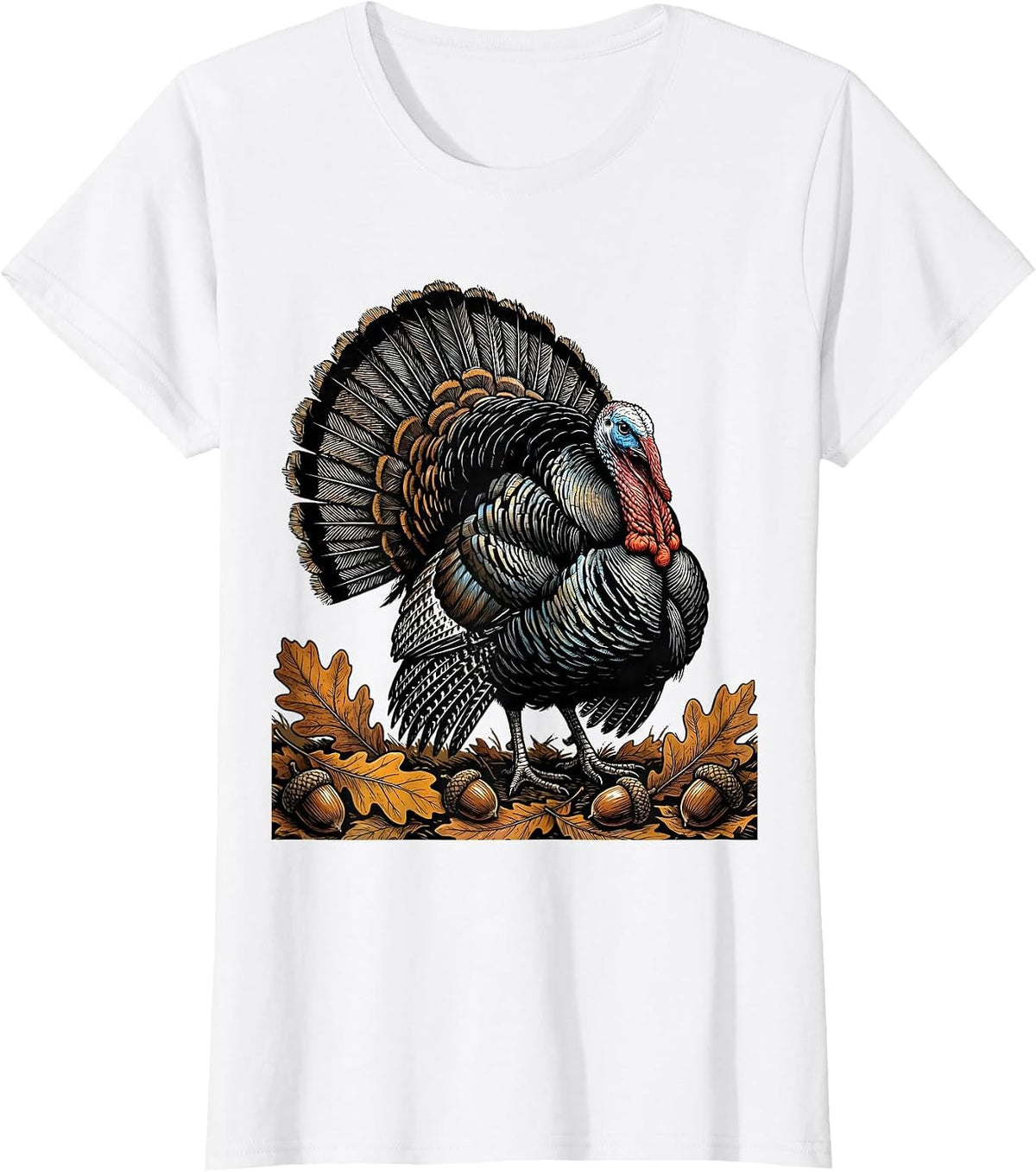 Women's Wild Turkey Strutting Autumn Leaves Hunting Design T-Shirt - White