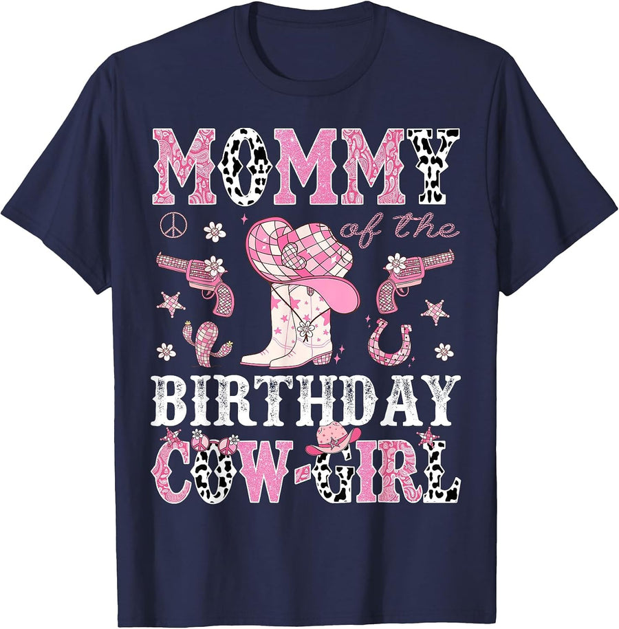 Mommy of The Birthday Cowgirl Pink Disco Rodeo Western T-Shirt - Navy Blue