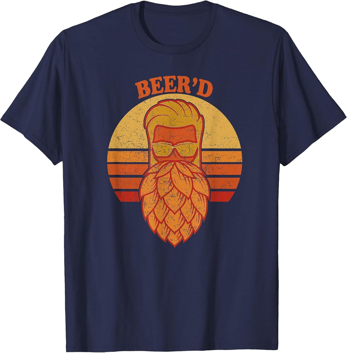 Beer d - Hops Beard - Beer Garden Retro Sunset T-Shirt - Navy Blue