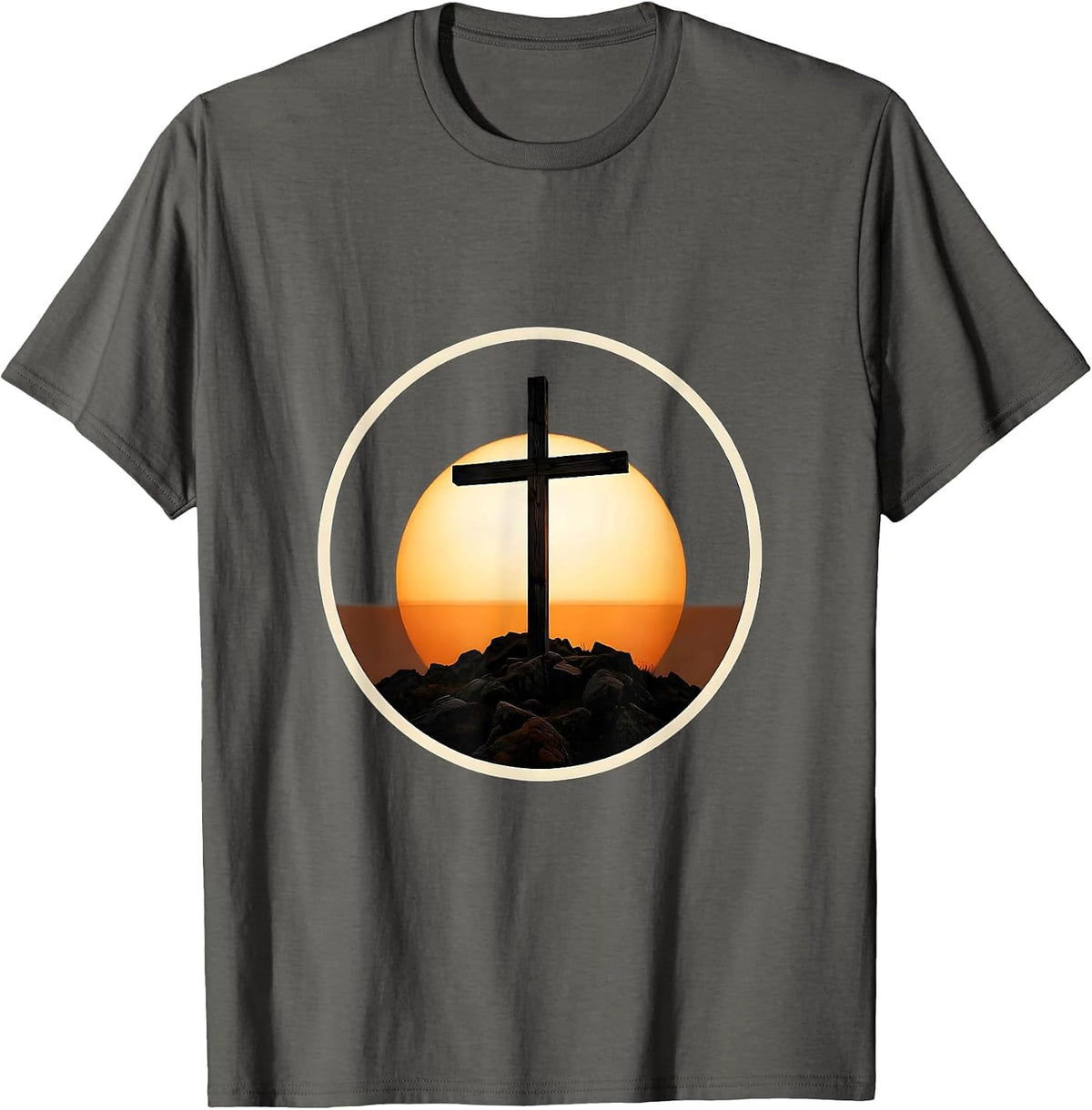 Wooden Cross Rocky Hilltop Sunrise Jesus Design T-Shirt - Asphalt Grey