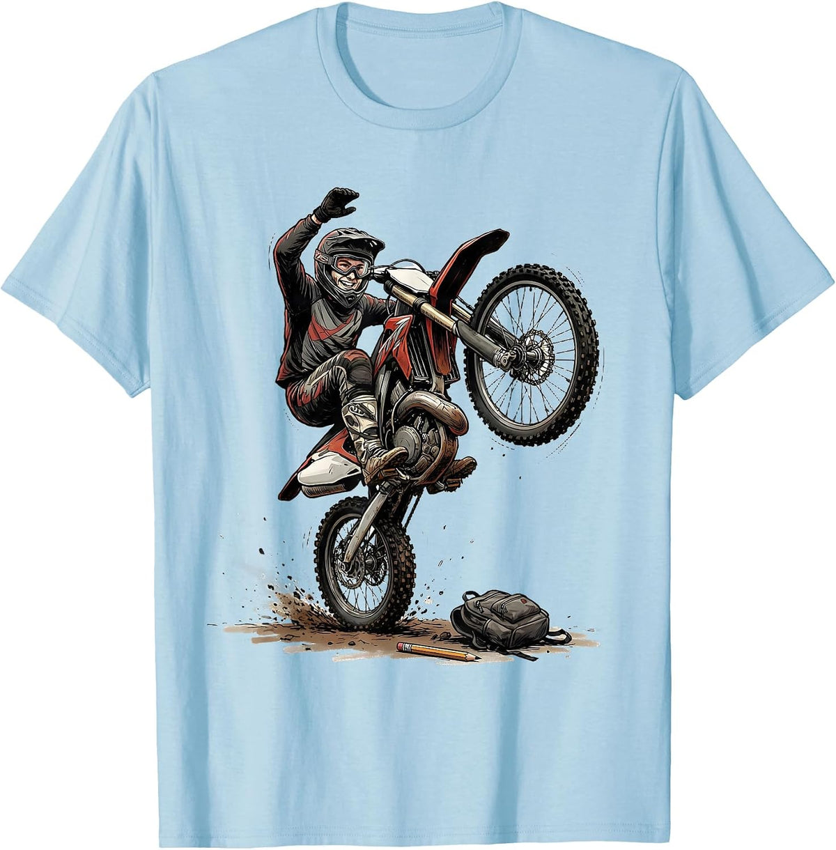 Men's Hand-Sketched Wheelie Rider Dirt Bike Motocross Pride T-Shirt - Baby Blue