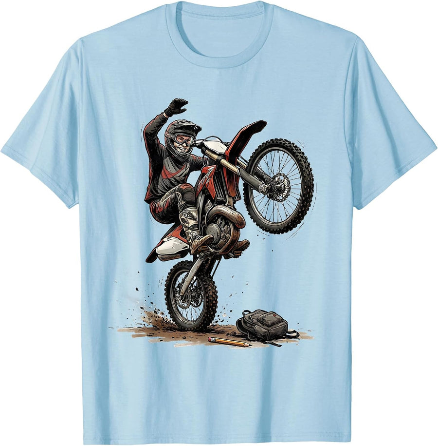Men's Hand-Sketched Wheelie Rider Dirt Bike Motocross Pride T-Shirt - Baby Blue