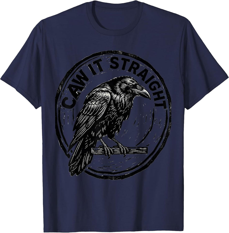 Caw It Straight Linocut Dark Humor Crow Raven Bird Lover T-Shirt - Navy Blue