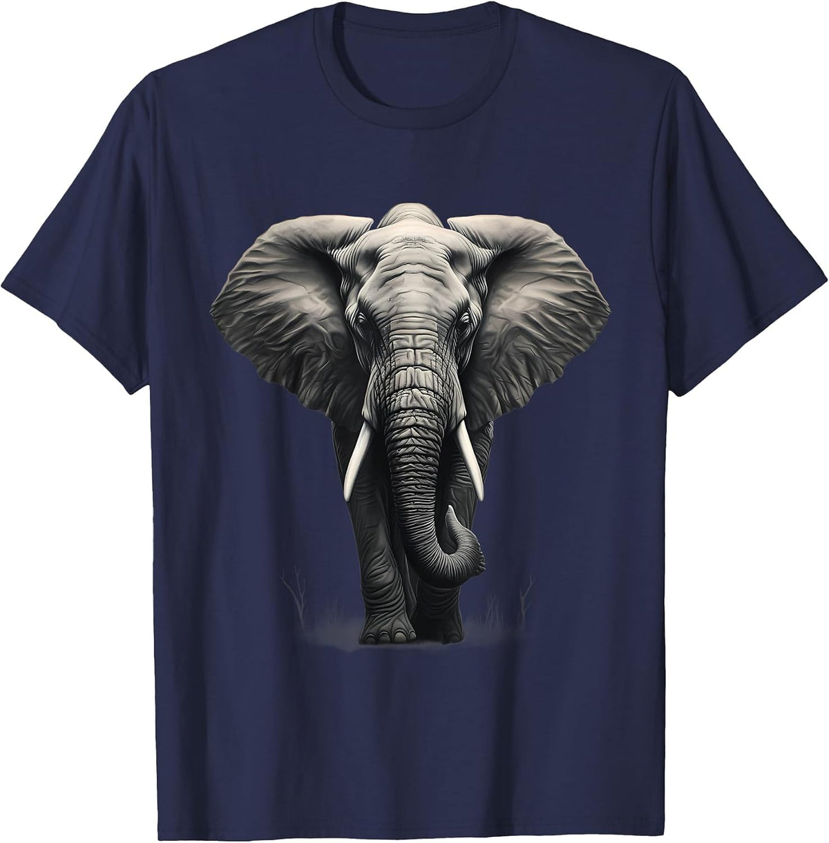 Elephant Drawing Motif Safari Animal Print Artwork Wildlife T-Shirt - Navy Blue
