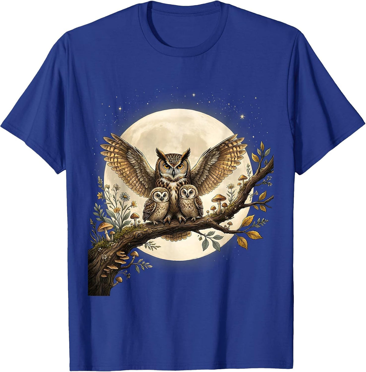 Men's Mother Owl and Owlets Full Moon Night Design T-Shirt - Royal Blue