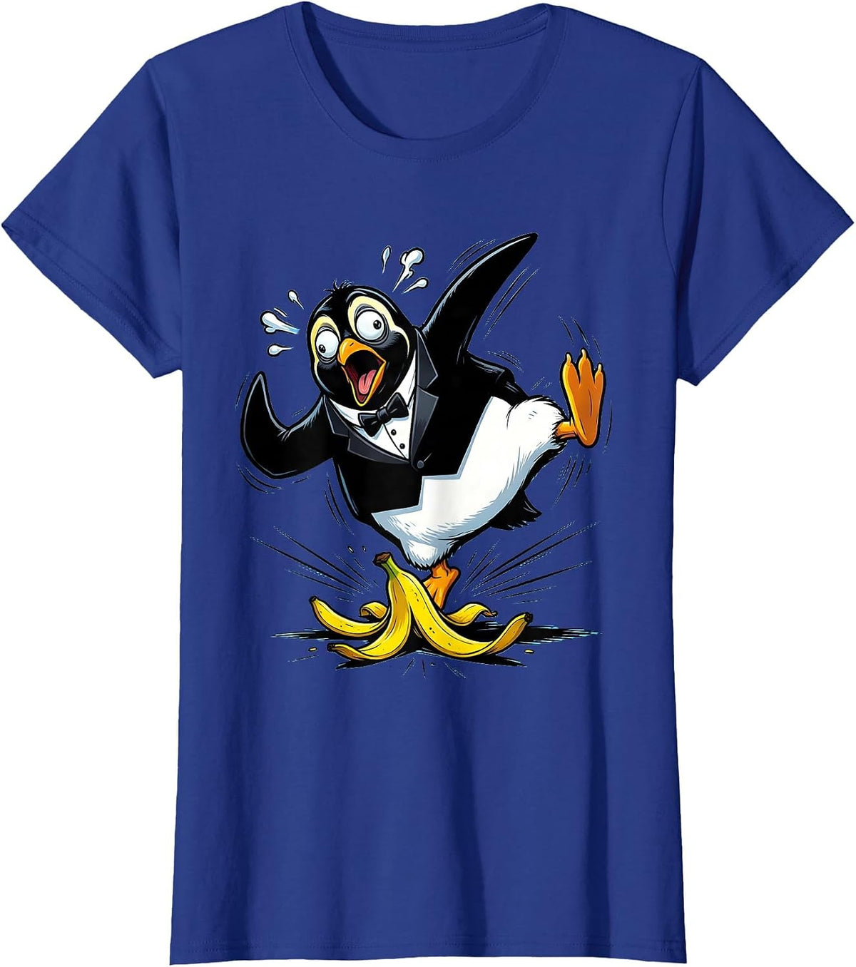 Women's Dramatic Penguin Banana Peel Slip Funny Art T-Shirt - Royal Blue