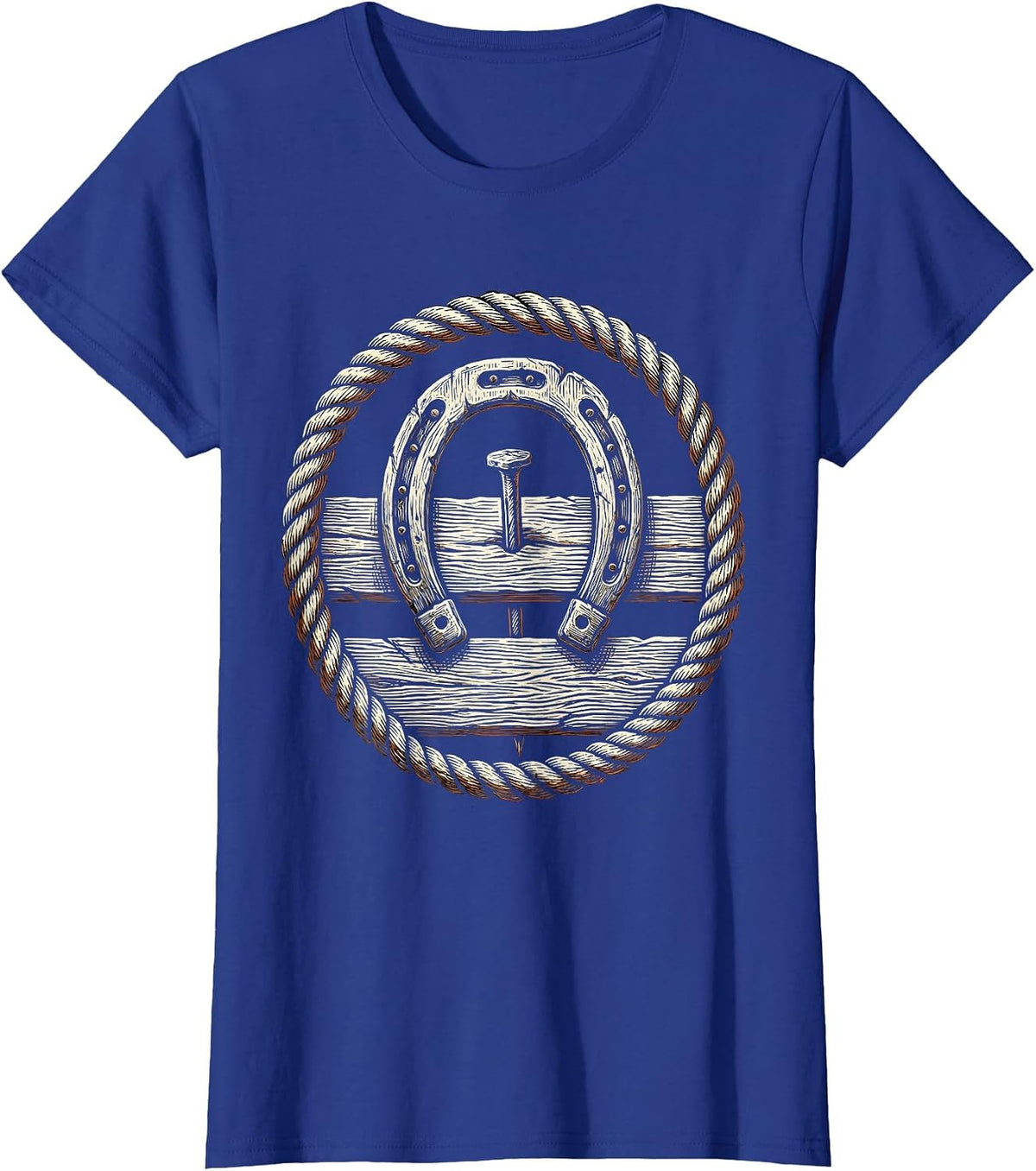 Women's Horseshoe on Weathered Wooden Fence Graphic T-Shirt - Royal Blue