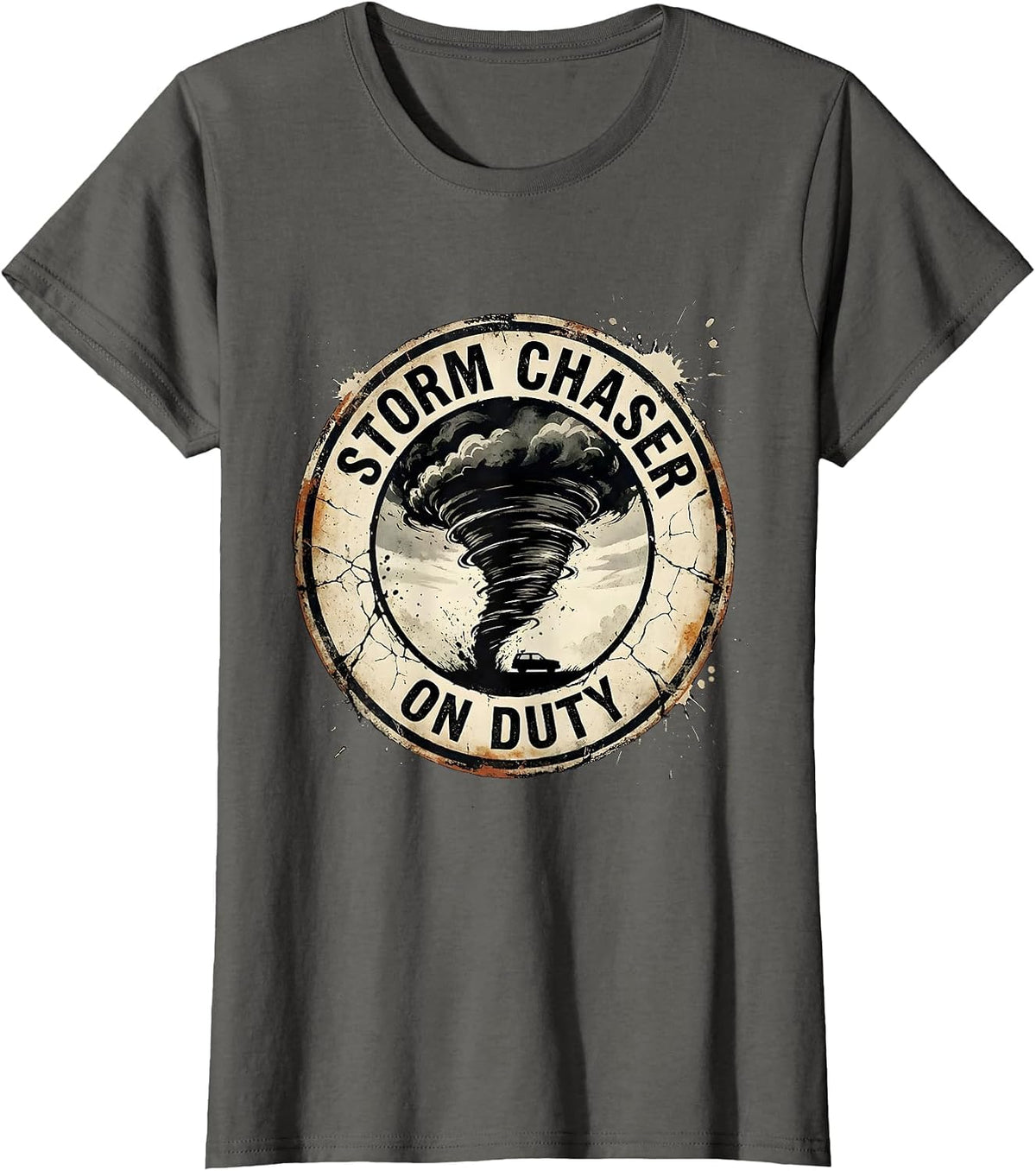 Women's Distressed Rope Funnel Badge Storm Chaser Meteorology Humor T-Shirt - Asphalt Grey