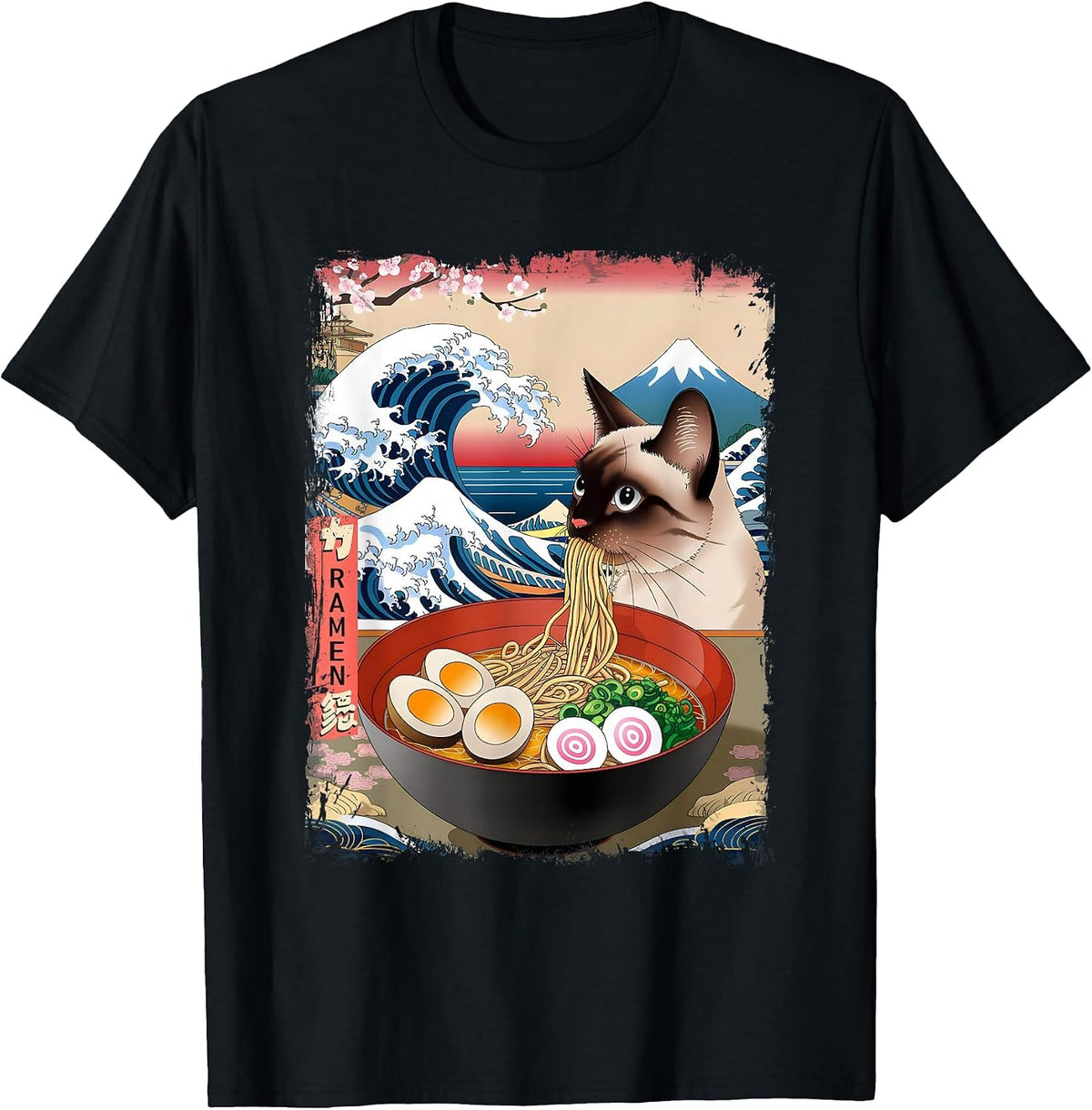 Siamese Cat Eating Ramen Noodles Ocean Waves Japanese Art T-Shirt - Black