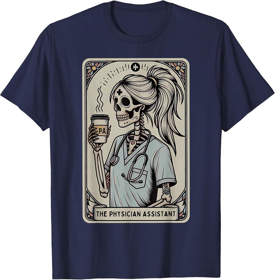 Physician Assistant Tarot Card Skeleton Coffee Halloween PA T-Shirt - Navy Blue