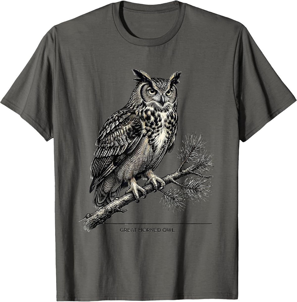 Men's Great Horned Owl Vintage Forest Wildlife Nature Reflection T-Shirt - Asphalt Grey