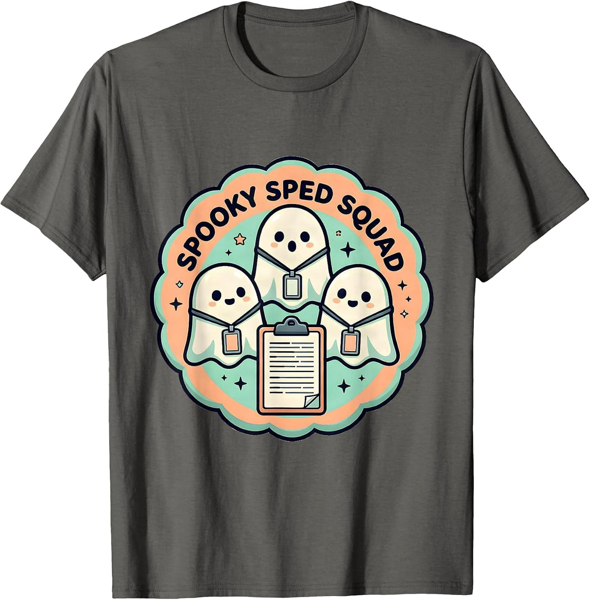 Spooky SPED Squad Cute Kawaii Ghost Paraprofessional T-Shirt - Asphalt Grey