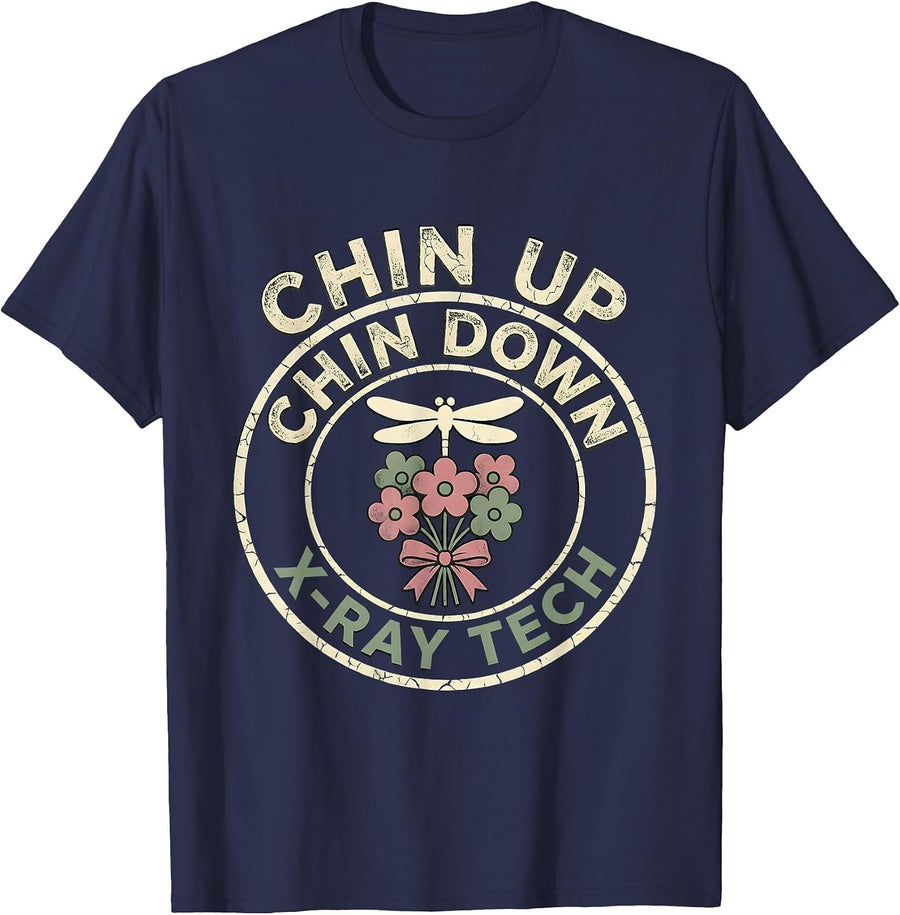 Chin Up Chin Down X-Ray Tech Floral Boho Radiology T-Shirt - Navy Blue