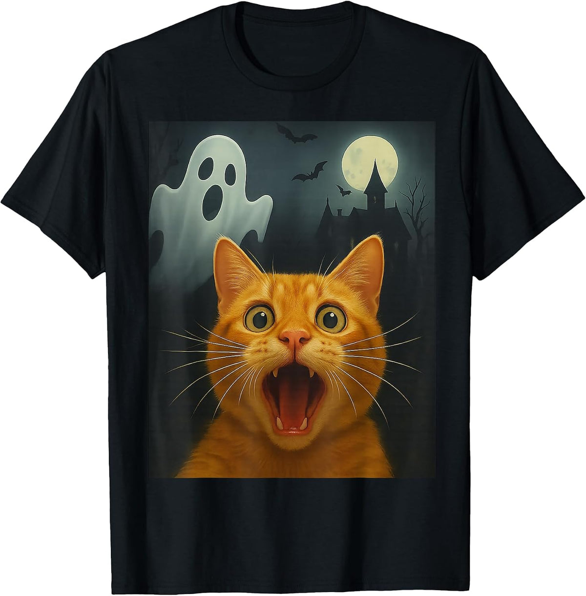 Cat Selfie with Ghost, Funny Cat Lovers Design T-Shirt - Black