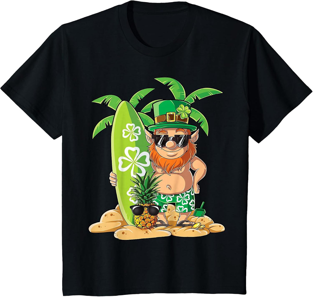 Leprechaun Hawaiian Surfing St Patricks Day Hawaii Men Women T-Shirt - Black