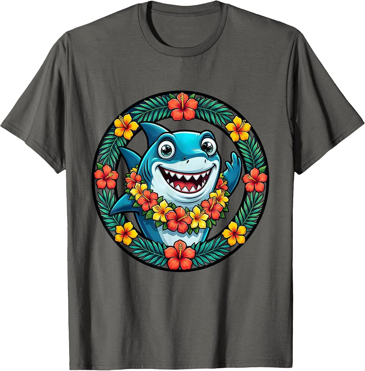 Kids Hawaiian Shark Floral Lei Cartoon Design T-Shirt - Asphalt Grey