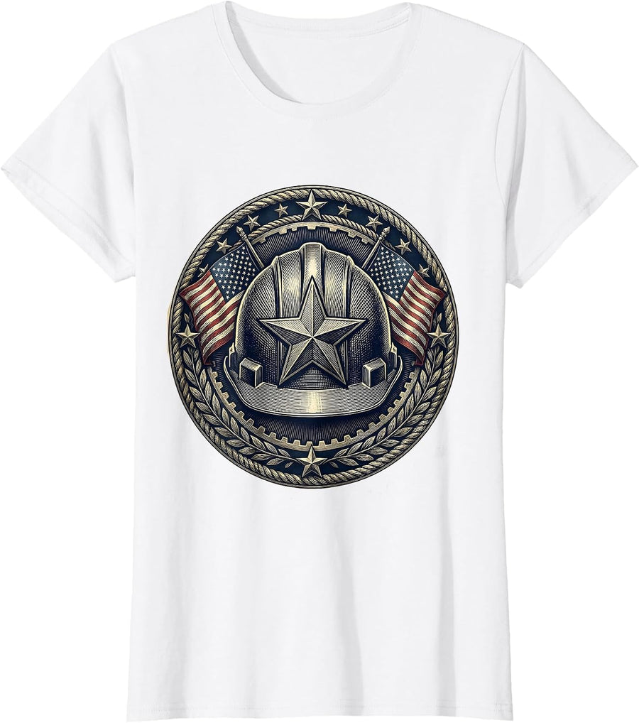 Women's Patriotic Hard Hat Pride Labor Day Illustration T-Shirt - White