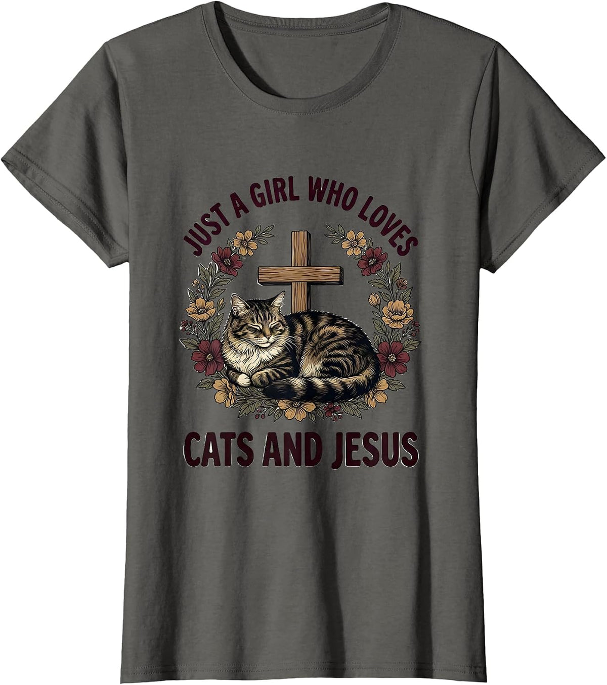 Women's Just A Girl Who Loves Cats And Jesus Cute Cat Lover Faith T-Shirt - Asphalt Grey