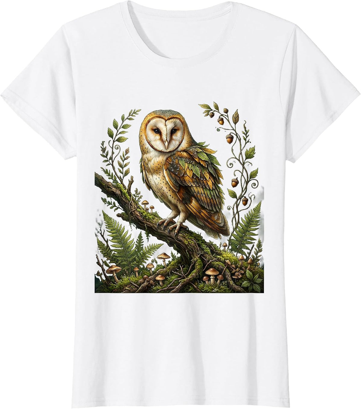 Woodland Camo Owl Perched on Branch Design T-Shirt - White