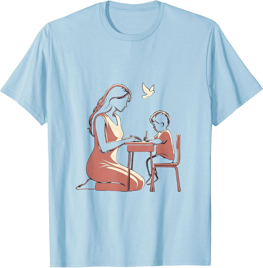 Men's Paraprofessional Kneeling Beside Student at Desk T-Shirt - Baby Blue