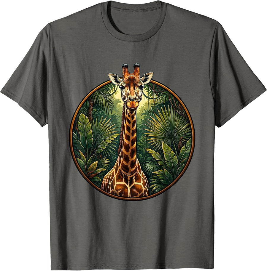 Giraffe Emerging From Jungle Canopy Illustration T-Shirt - Asphalt Grey