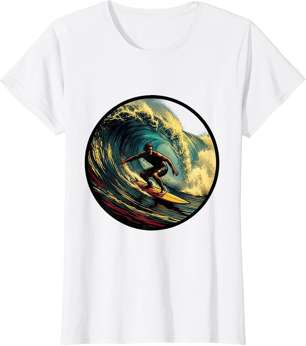 Retro Surfer Riding Massive Curling Wave T-Shirt - White