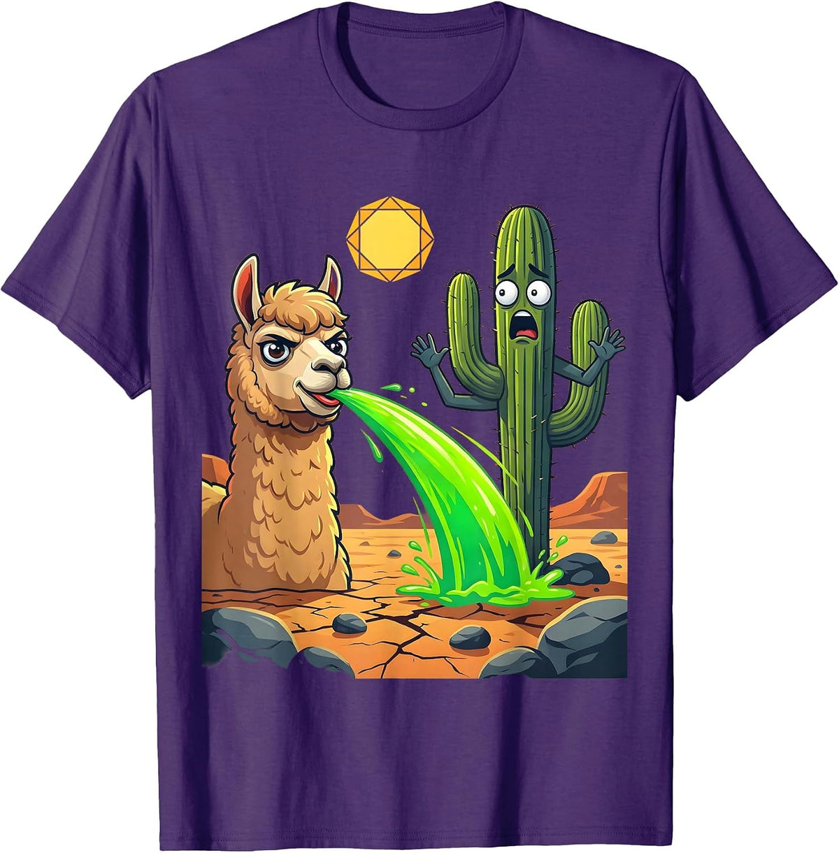 Funny Llama Spitting at Cactus Desert Scene T-Shirt - Purple