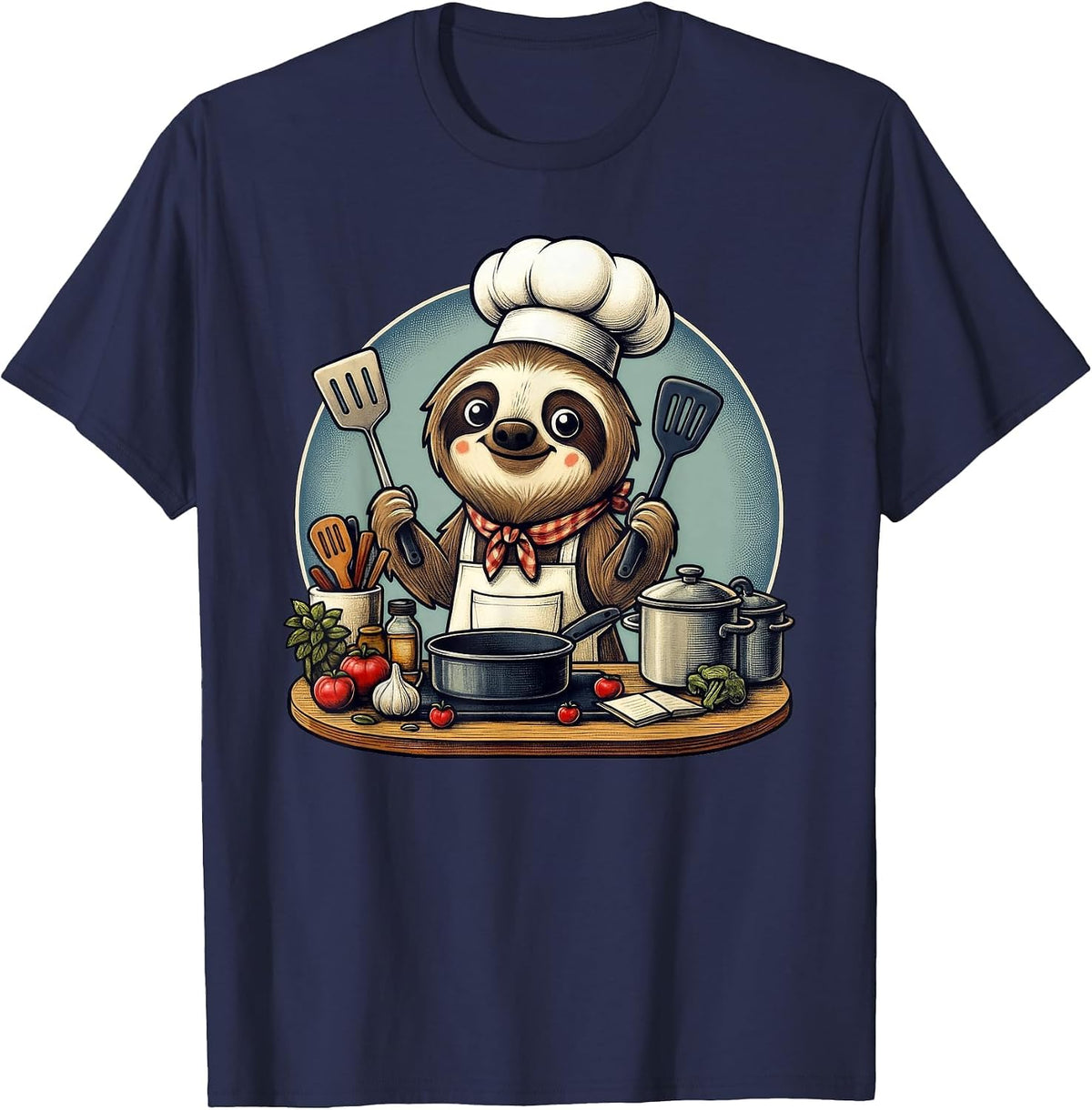 Funny Sloth Dressed As A Chef Cook Cooking T-Shirt - Navy Blue