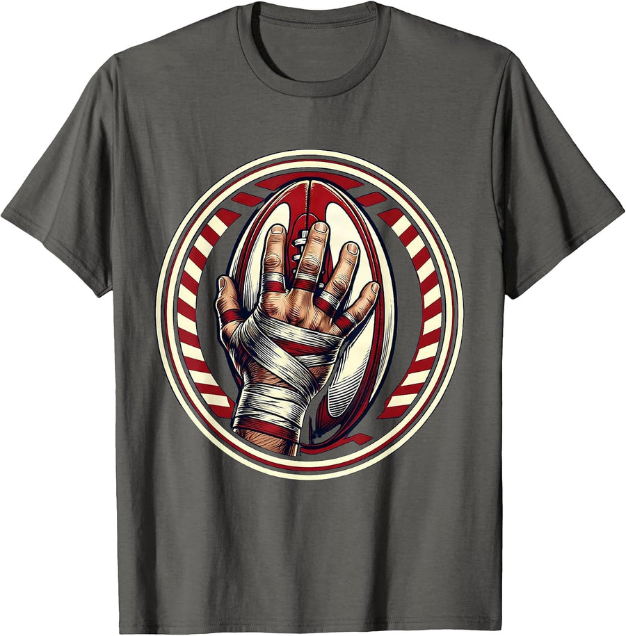 Rugby Grip Illustration - Taped Fingers on Ball T-Shirt - Asphalt Grey