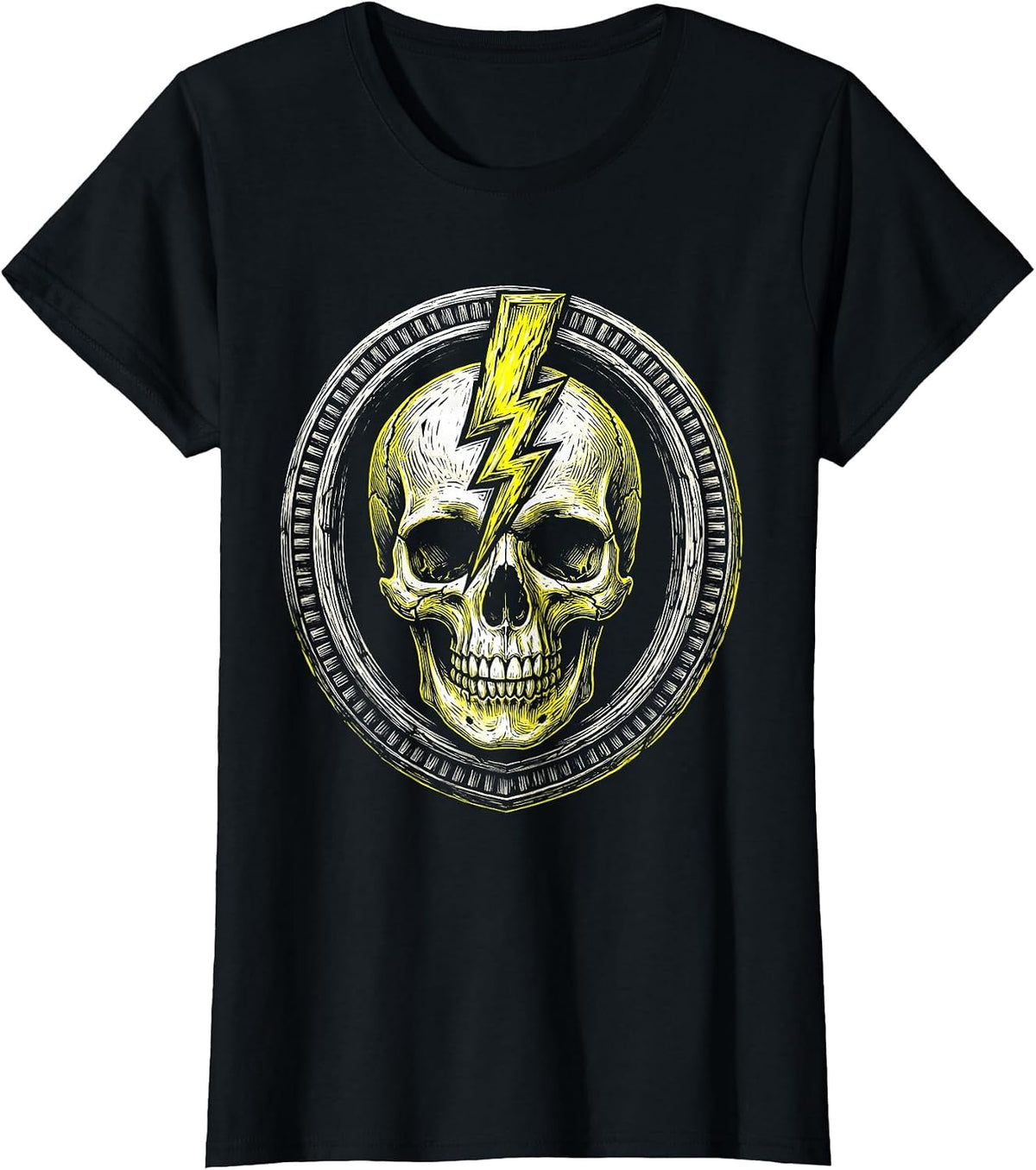 Skull Lightning Bolt Metal Band Graphic T-Shirt - Black