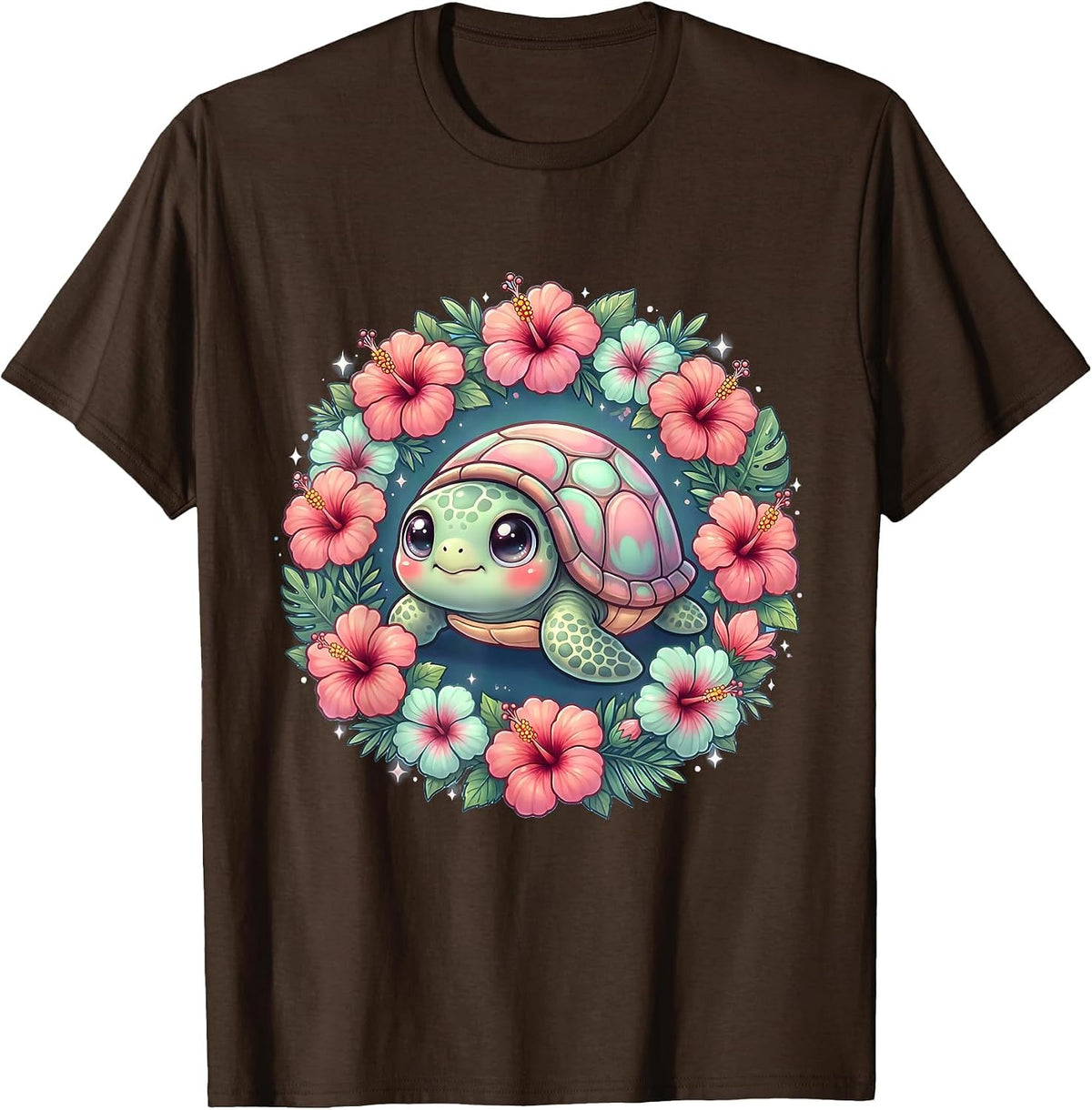 Men's Hibiscus Sea Turtle Hawaiian Floral Design T-Shirt - Brown