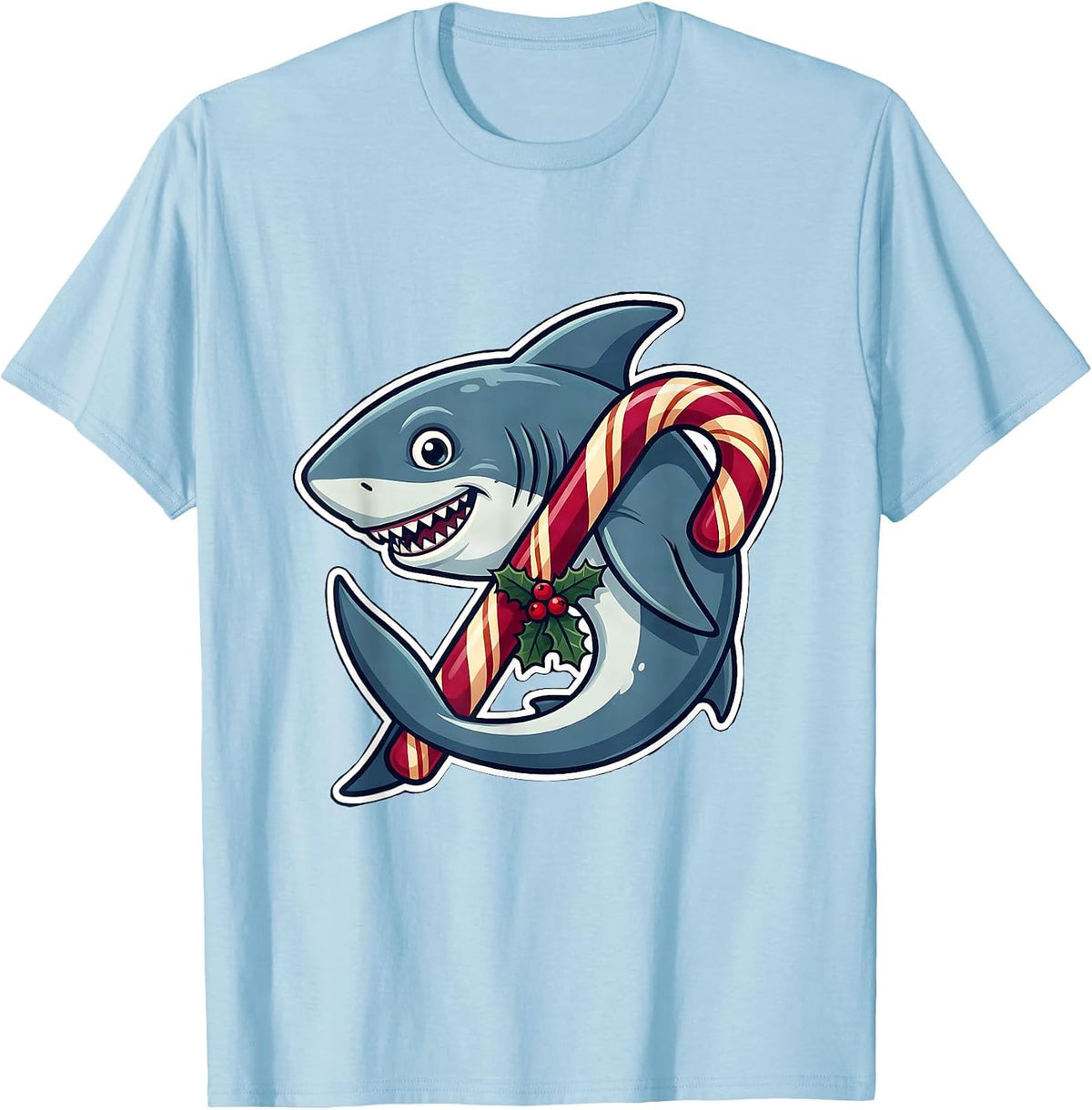 Men's Shark Candy Cane Funny Christmas Pun Novelty T-Shirt - Baby Blue