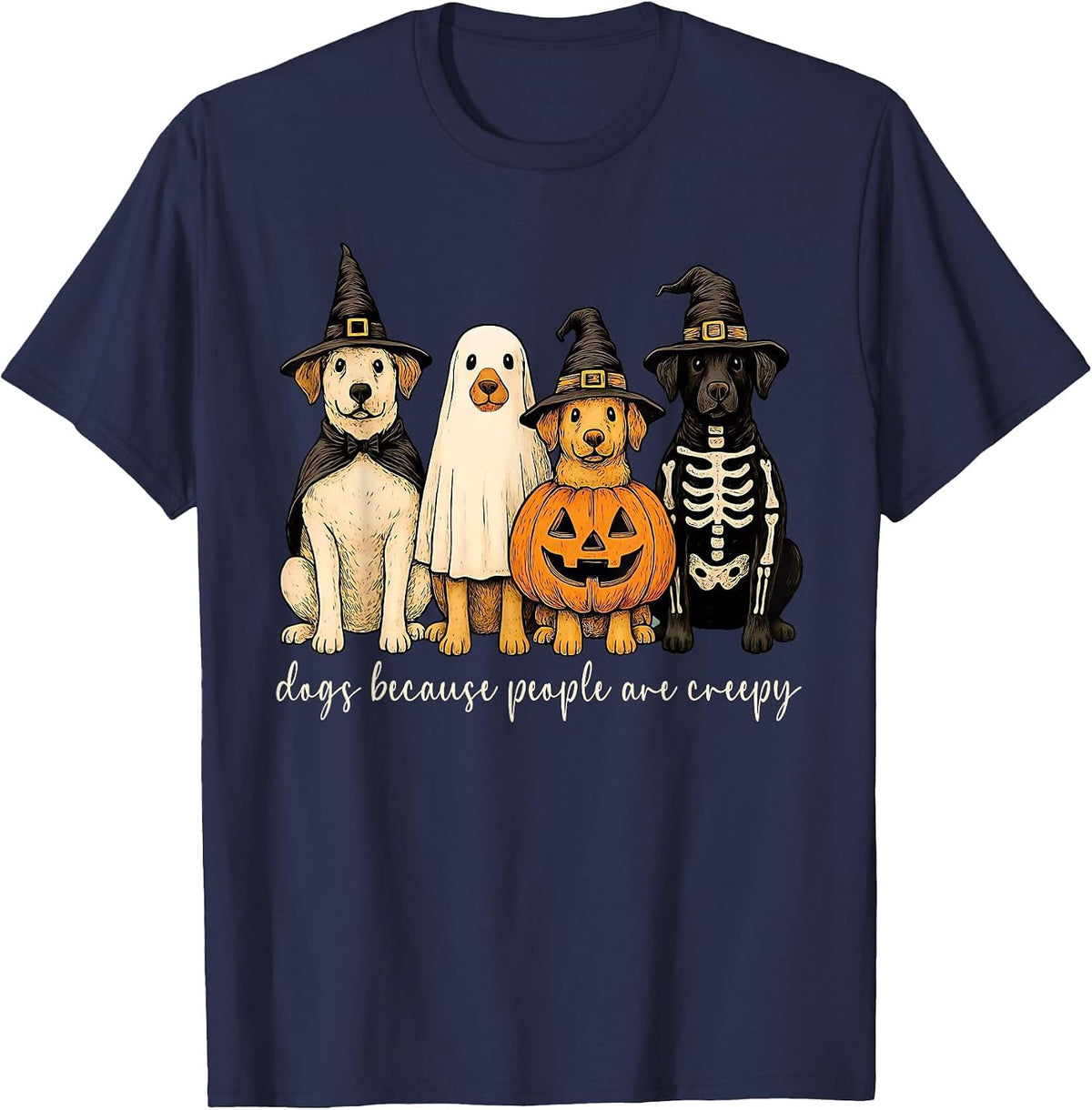 Funny Dogs Witchy Ghosts Because People are Creepy Halloween T-Shirt - Navy Blue