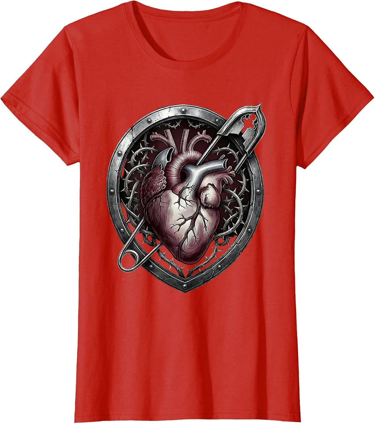 Punk Safety Pin Heart Graphic Tee T-Shirt - Red
