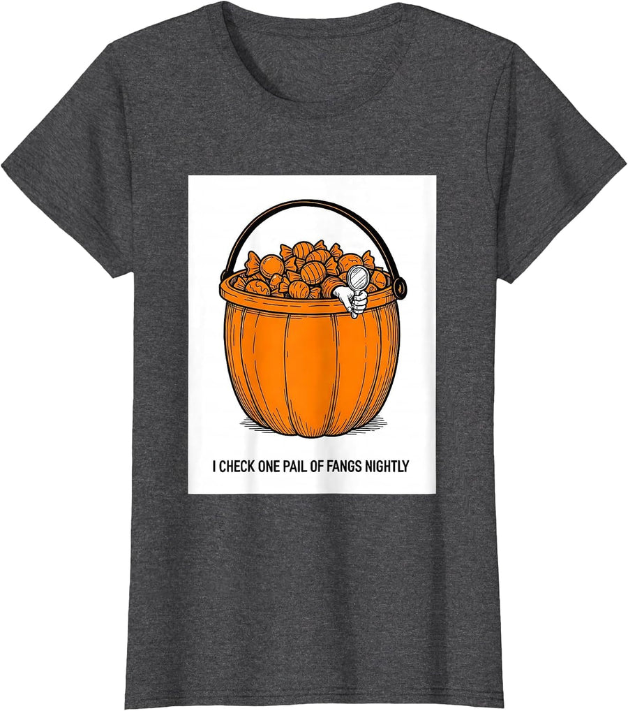 Women's I Check One Pail Of Fangs Nightly Funny Dental Halloween T-Shirt - Dark Heather Grey