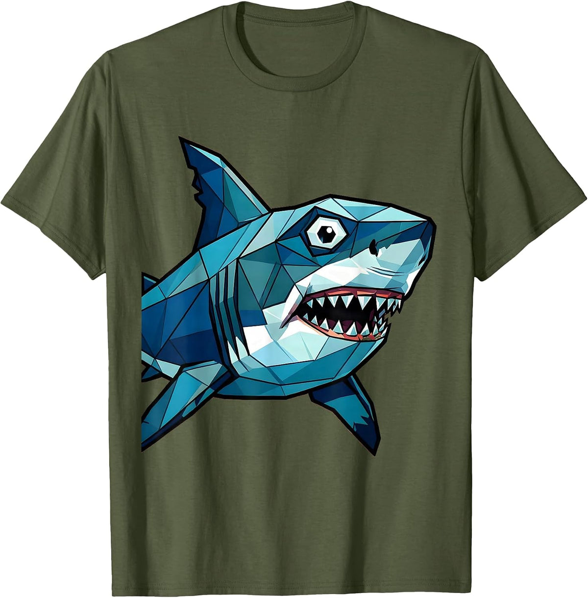 Men's Geometric Low-Poly Shark Art Design T-Shirt - Olive Green