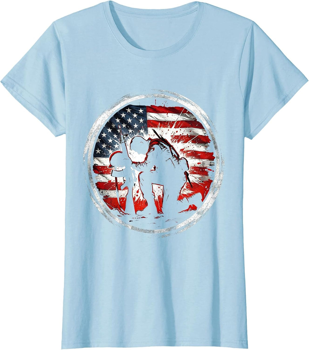 Soldier Kneeling Battlefield Cross Memorial Graphic T-Shirt - Baby Blue