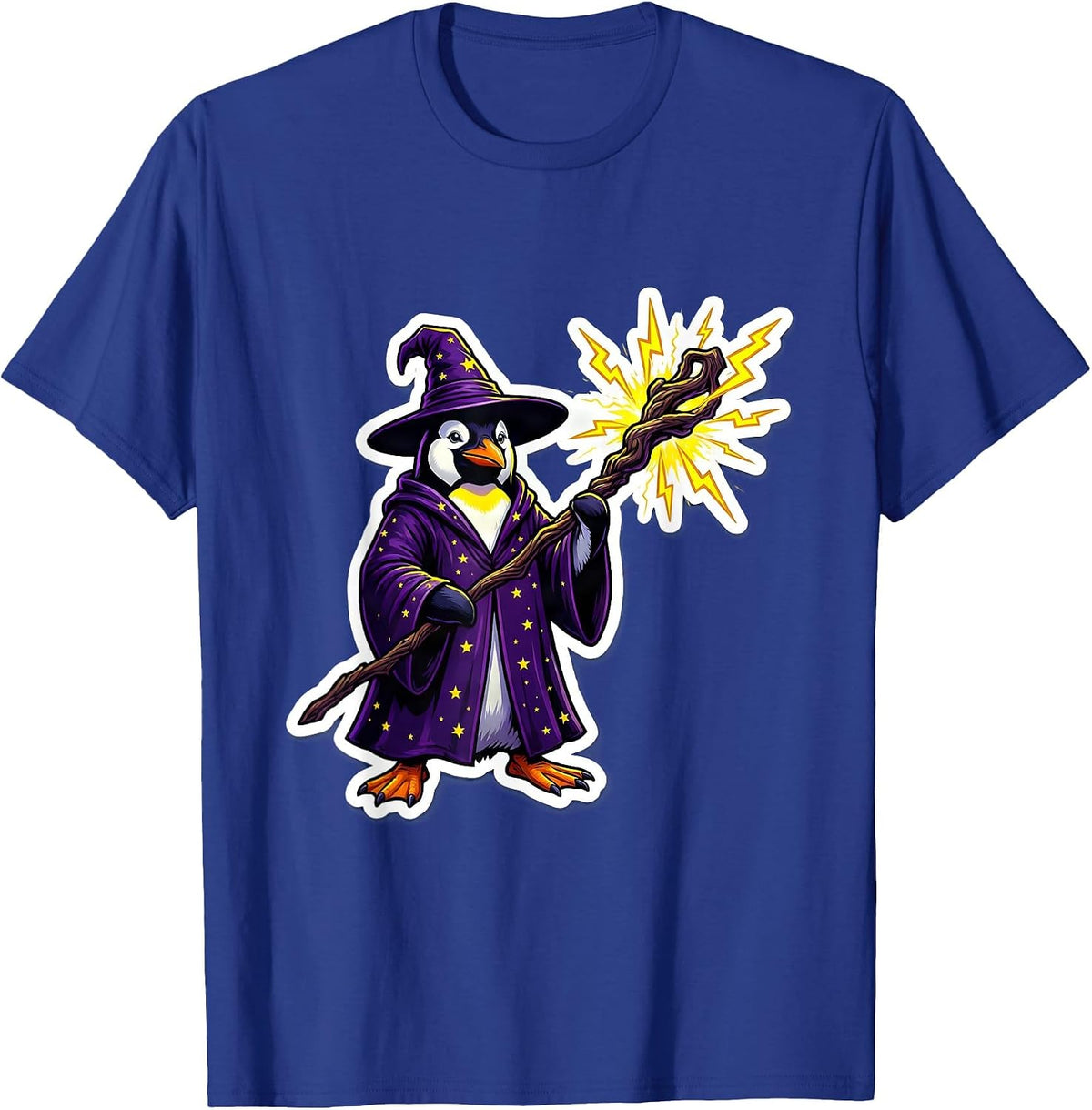Men's Penguin Wizard Lightning Staff Fantasy Art T-Shirt - Royal Blue
