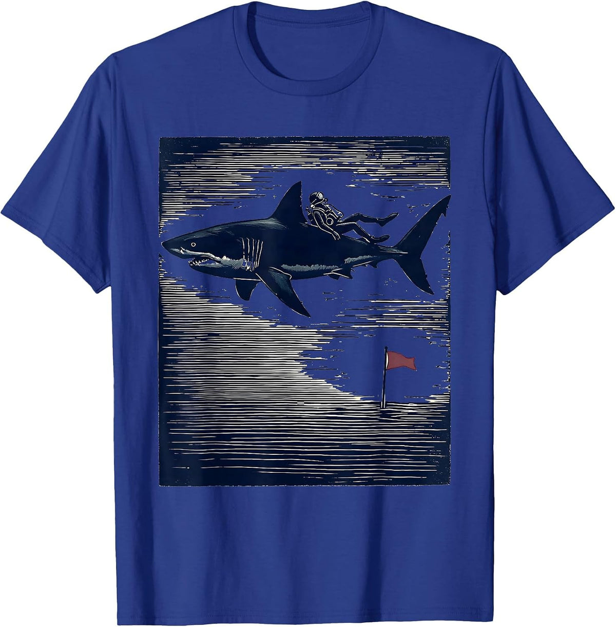 Men's Shark Silhouette Scuba Diver Linocut Humor Gift T-Shirt - Royal Blue