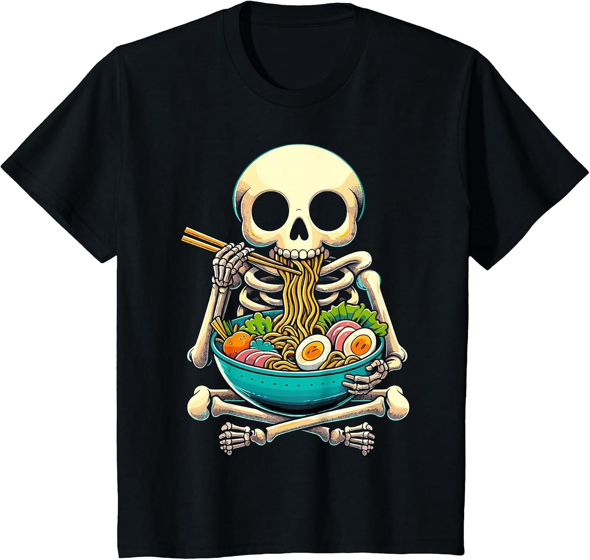 Halloween Skeleton Eating Ramen Noodles T-Shirt - Black