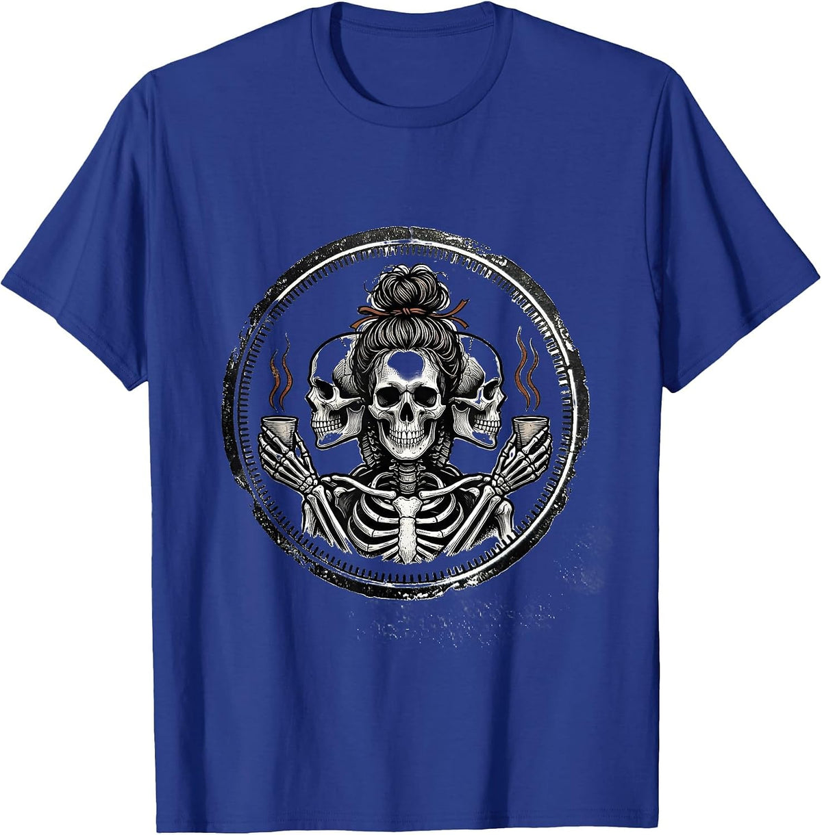 Messy Bun Skeleton Coffee Rubber Stamp Humor T-Shirt - Royal Blue