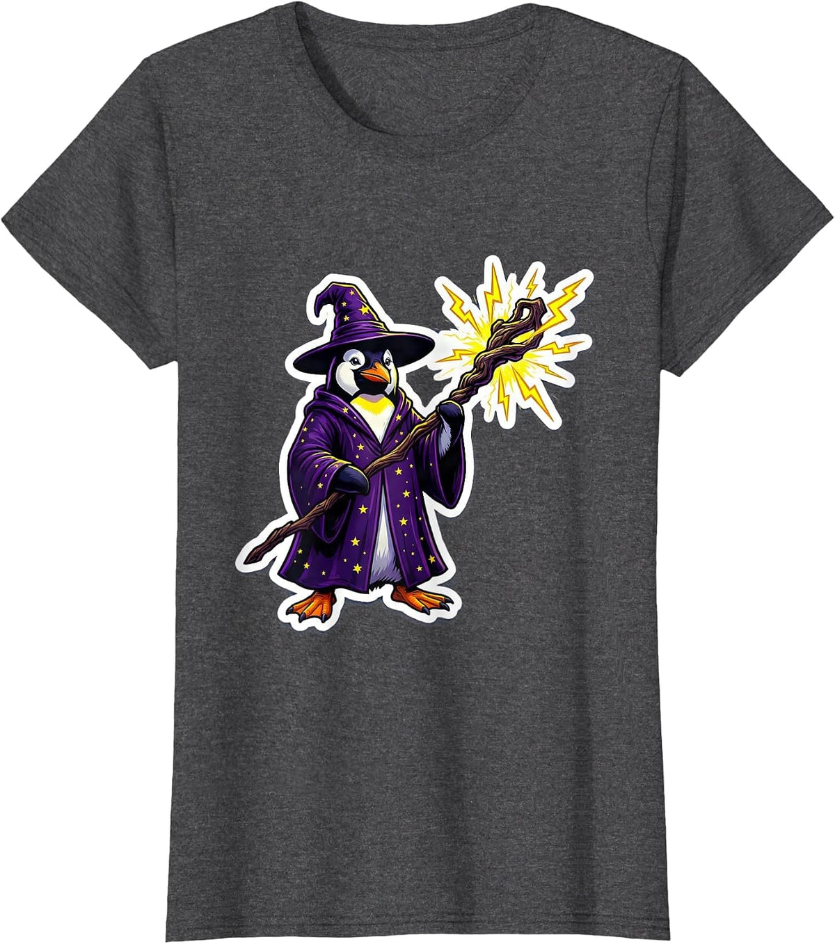 Women's Penguin Wizard Lightning Staff Fantasy Art T-Shirt - Dark Heather Grey