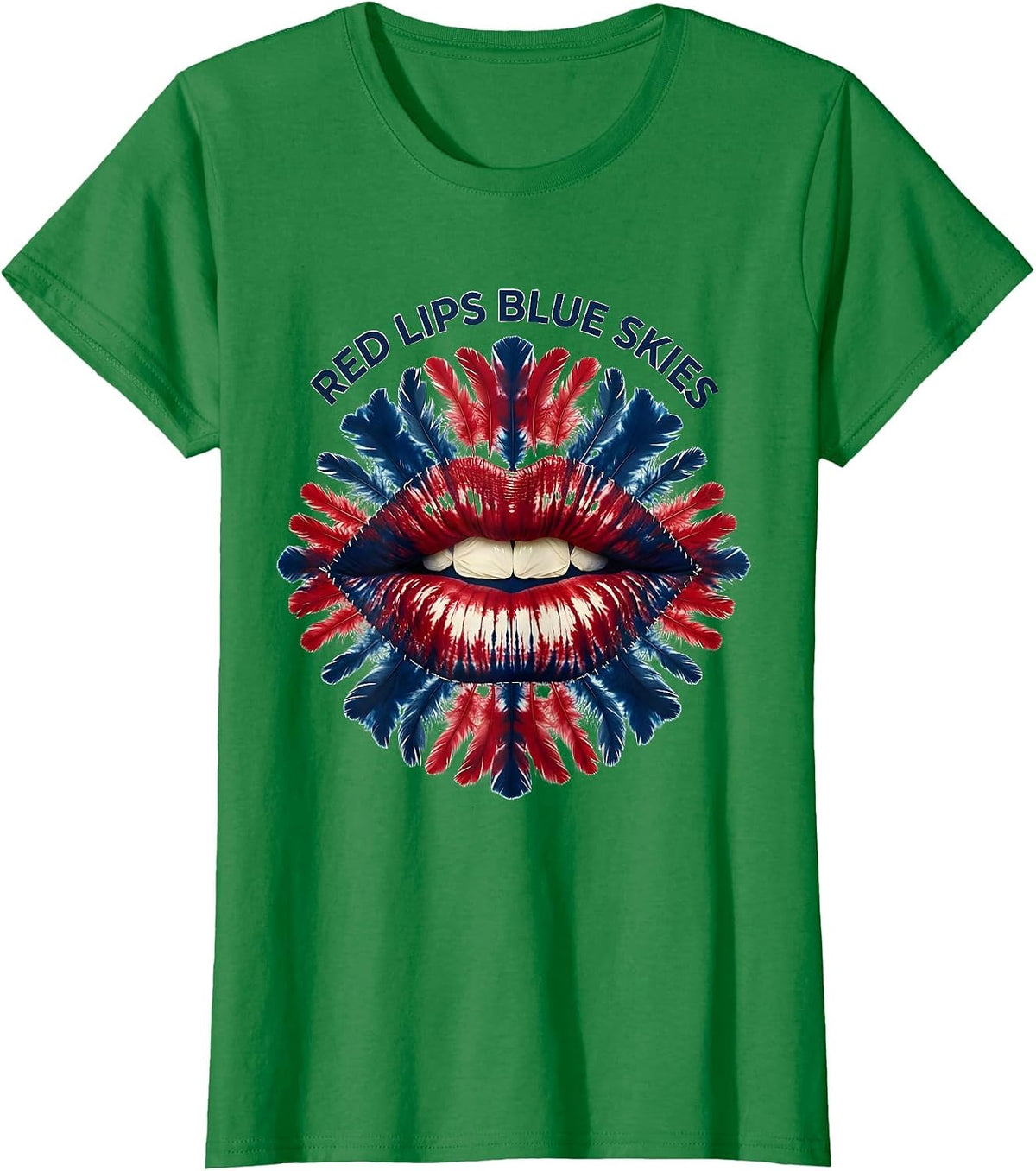 Women's Red Lips Blue Skies Red White and Blue Design T-Shirt - Kelly Green