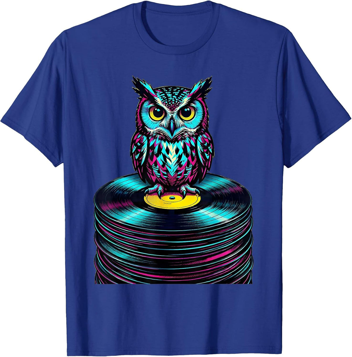 Wise Owl on Vinyl Records Music Lover Art T-Shirt - Royal Blue