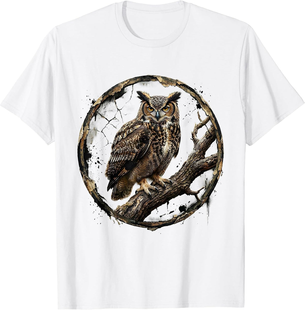 Men's Camo Owl Perched on Branch Nature Design T-Shirt - White