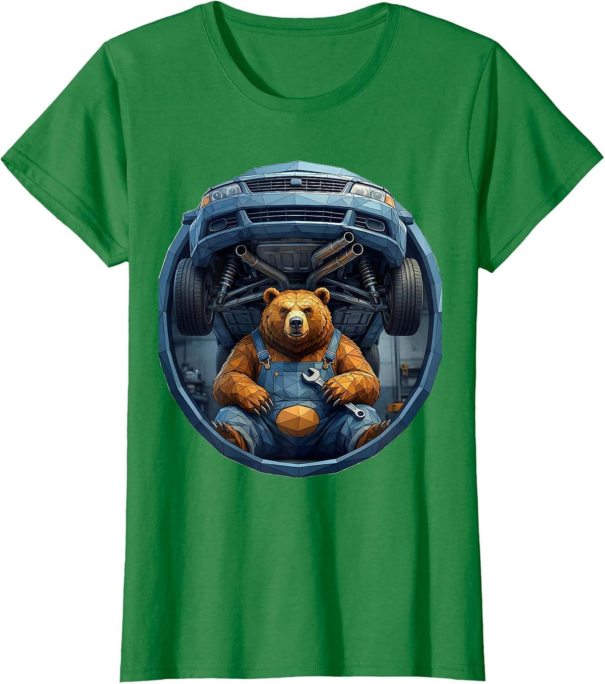 Bear Mechanic Under Lifted Car Graphic Tee T-Shirt - Kelly Green