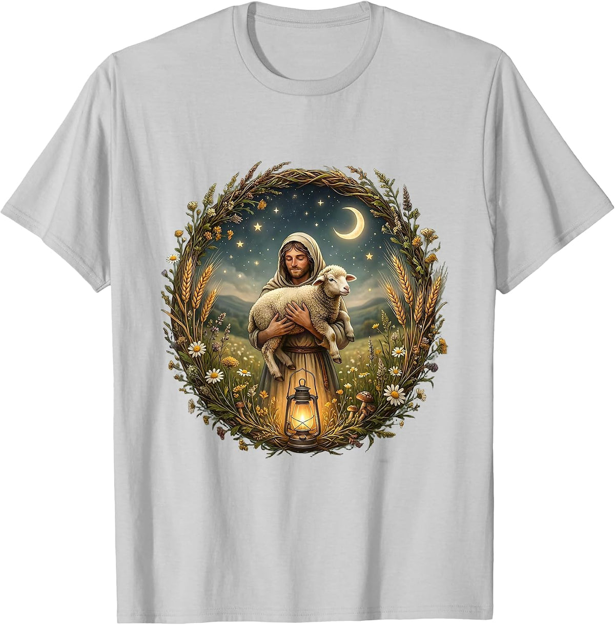 Men's Jesus Loves You Shepherd Carrying Lost Sheep T-Shirt - Silver Grey